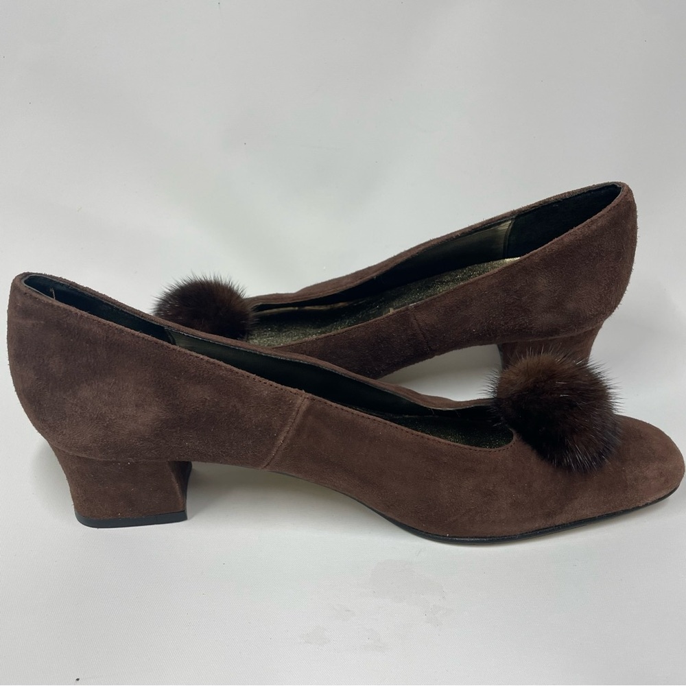J. RENEE Brown Suede Leather Heel Pumps with Mink Fur Puff Ball Sz. 8 M - Picture 4 of 8
